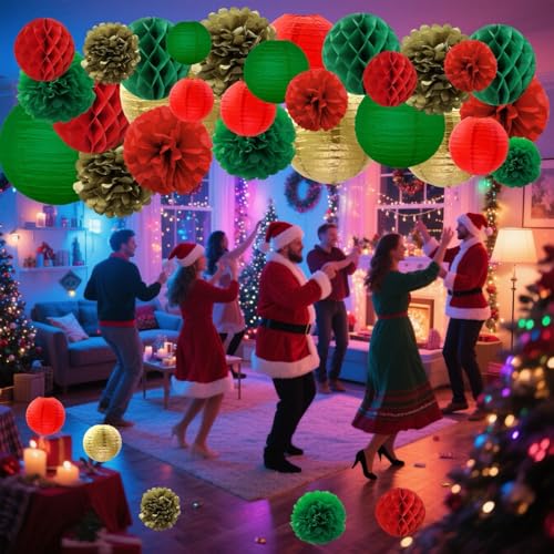 Christmas Decor Set with Paper Lanterns, Pompoms & Honeycombs – 36 Pieces