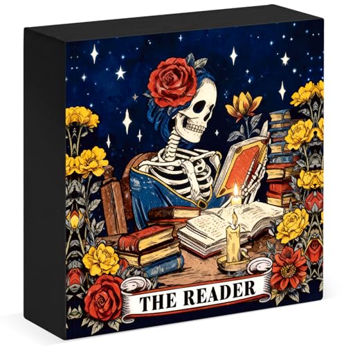 Rose Reader Skeleton Wooden Sign Gothic Dark Academia Desk Decor - The Reader