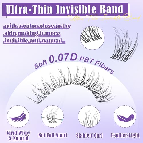 All in One Natural Lash Extensions Kit D45 - Wispy 10-14mm Clusters, Invisible Band, DIY Eyelash Kit