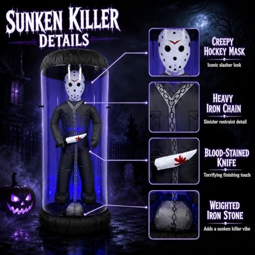 7.6FT Halloween Inflatable Outdoor Decoration with Blue LED Lights - Caged Masked Killer Yard Decor - Variation: Blue