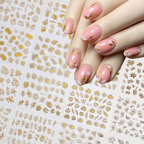 Gold Nail Art Stickers Decals Set - Style-13, 30 Sheets Self-Adhesive Flower & Leaf Designs for Nails