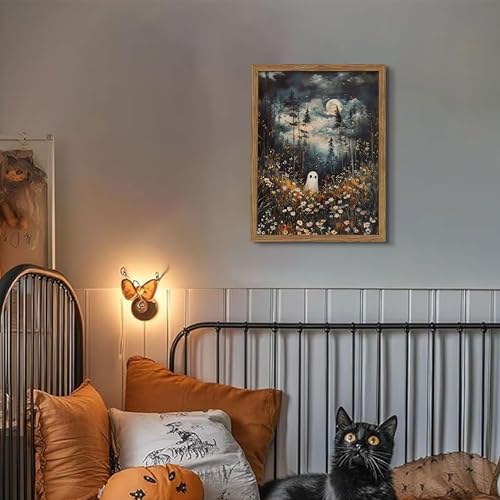 Moonlight Ghost Framed Halloween Wall Art - Spooky Forest Canvas, 24x16 Inch