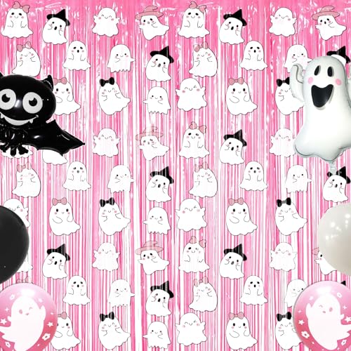 Pink Halloween Fringe Curtain 2 Pack - Bat Pattern Photo Backdrop 3.3 x 6.6 ft - Pink2