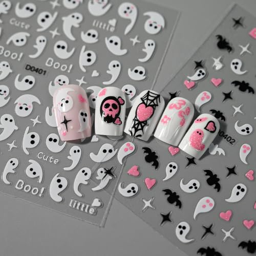 Halloween Nail Stickers Set - Pink Black White 09, 6 Sheets for DIY Nail Art, Ghost Skull & Spiderweb Decals