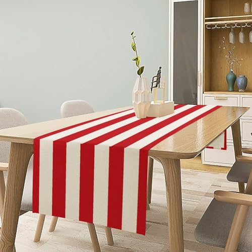 Red and White Striped Table Runner - Classic Linen Farmhouse Decor 13x36in