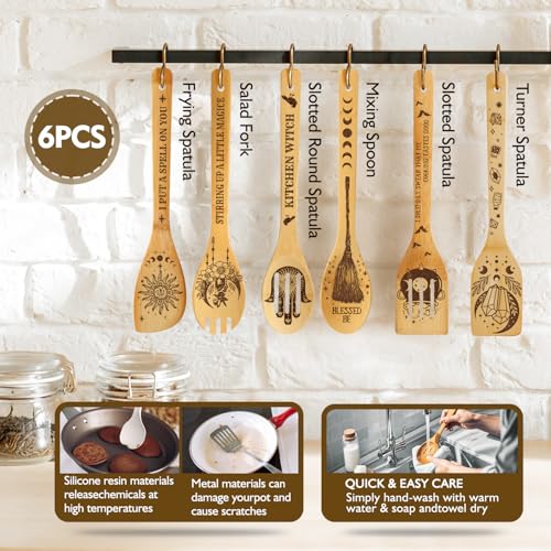 Halloween Kitchen Utensil Set with Witch Towel - 6 Bamboo Cooking Spoons & Gifts for Women