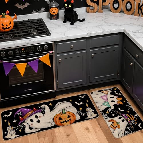 Halloween Kitchen Rugs Set of 2 - Ghost & Witch Design, 17x29 & 17x47 Inches, Multi-Color