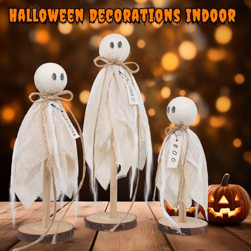 Wooden Ghost Halloween Decorations Indoor Set of 3 Rustic Shelf Sitters with Fabric Ghosts - White Variation