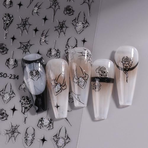 Halloween Spider Web Nail Stickers - Glitter 3D Rhinestone Decals with Cobweb Design - Red-Black Theme