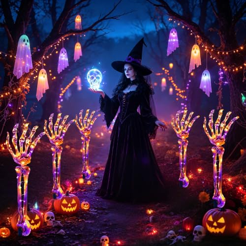 Solar Halloween Pathway Lights 5-Pack with Skeleton Arms, 250 LEDs, 8 Modes