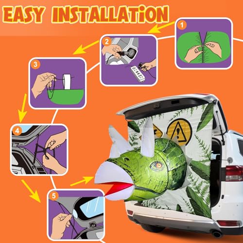 Halloween Trunk or Treat Inflatable Car Decor - Triceratops Theme with LED Lights - Outdoor Party Accessory