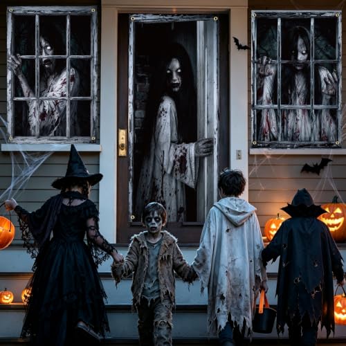 Halloween Window Curtain Cover - Scary Female Ghost Poster, 3 Pieces, Spooky Decor