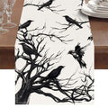 Halloween Black Linen Table Runner 13x72 Inch for Dining & Kitchen Decor - Crow & Branch Pattern