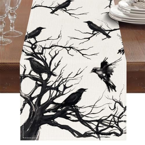 Halloween Black Linen Table Runner 13x72 Inch for Dining & Kitchen Decor - Crow & Branch Pattern