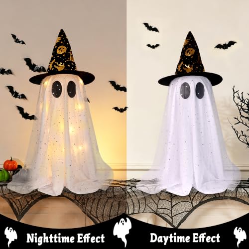Halloween Ghost Decorations Set B - 2 Lighted 21.7 Inch Spooky Tabletop Decor with Witch Hats