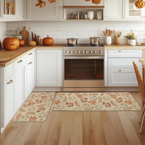 Pumpkin Fall Kitchen Mats Set of 2 - 17x29 & 17x47 Inches, Beige