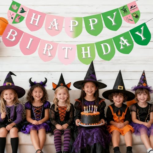 Wicked Happy Birthday Banner for Witch Theme Party Decorations - Pink & Green, Pre-Strung