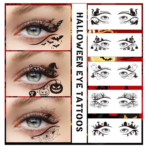 Halloween Eye Tattoos Set with Skull Spider Web Bats Face Stickers for Adults & Kids