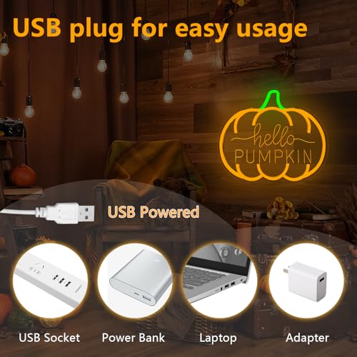 Hello Pumpkin Neon Sign for Wall Decor Fall LED Light Up Sign Dimmable Autumn Halloween Thanksgiving