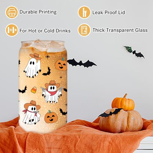 Halloween Cowboy Ghost Glass Mug – 16 oz Spooky Coffee Cup with Lid & Straw