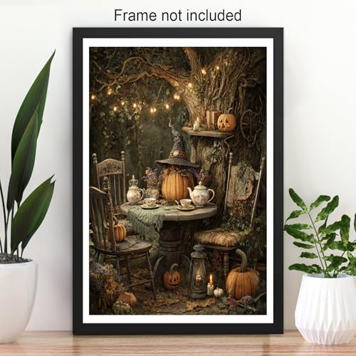 Unframed Vintage Fall Wall Art Pumpkin Witch Tea Party Canvas 11x14in