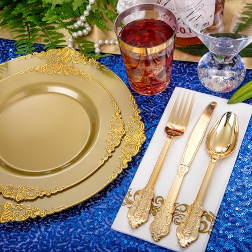 Gold Plastic Dinnerware Plates Set - 175PCS Solid Gold Rim Party Plates - Variation: Gold / 175PCS