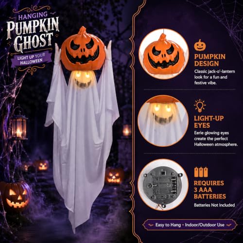 42-Inch Halloween Hanging Ghost Decoration with LED Eyes and Pumpkin