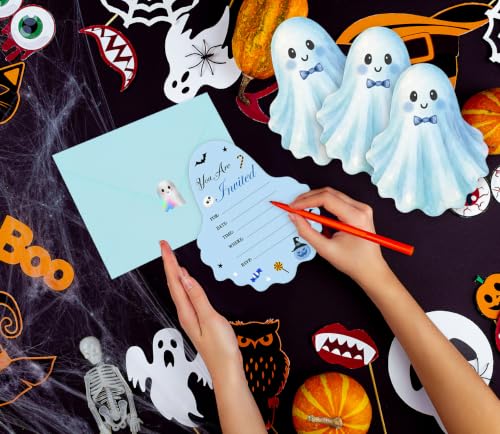 Blue Ghost Halloween Invitations Card Set - 25 Pack with Envelopes & Stickers