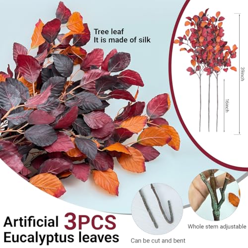 Fall Eucalyptus Stems Artificial 39 Inch - Amaranth Leaves, Pack of 3
