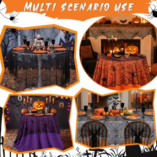 Halloween Black Lace Tablecloth 70 inch Round Spider Web Decor - Black
