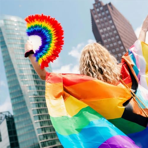 Rainbow Folding Hand Feather Fan for Pride Parade Party Festival