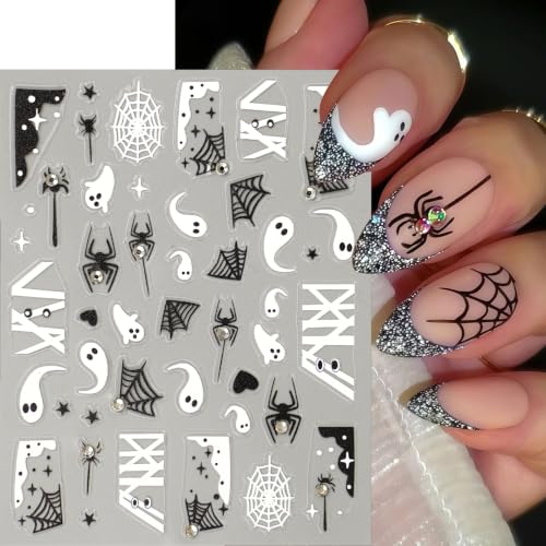 Halloween Nail Stickers 8Pcs Ghost Spider Web 3D Rhinestone Decals for Women DIY Nails - Diamond Spider Ghost Variation