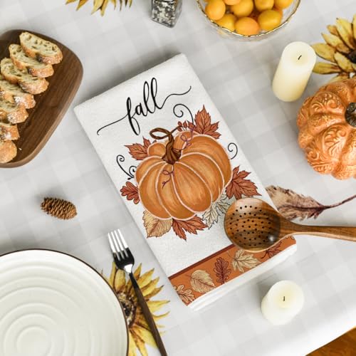 Orange Leaves Pumpkin Fall Kitchen Towels Set of 2 - 18x26 Inches