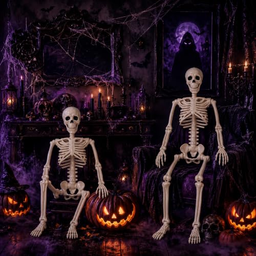 White Halloween Skeleton Decorations - 36 Inch Human Bones with Movable Joints - Haunted House, Lawn, Graveyard Props