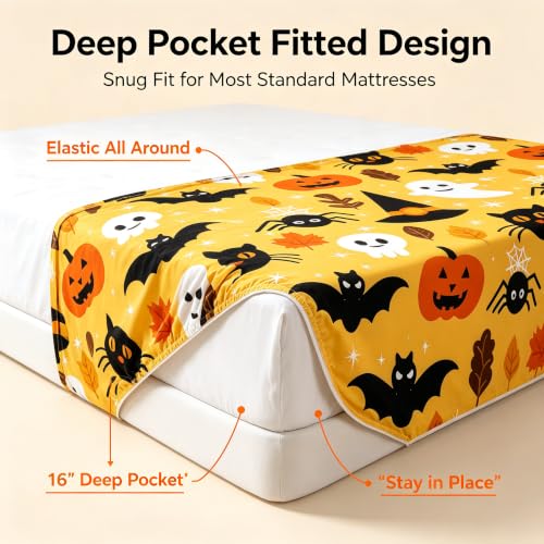 Halloween Queen Fitted Sheet Set Cartoon Pumpkin Lantern Ghost Bed Cover Variation of Multi 03
