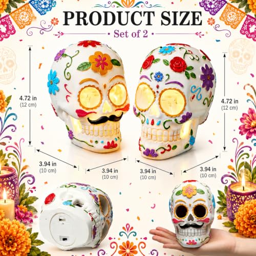 Day of The Dead Sugar Skull Decorations Set - Light Up Resin Skeleton Figures with Floral Details - Variation of THIS Listing
