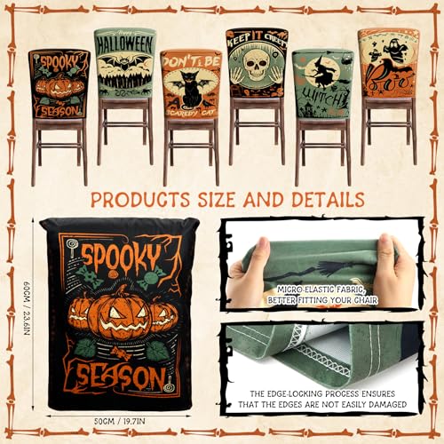Terrifying Halloween Chair Cover Set - 6 Elastic Backrest Protectors for Dining Chairs - Gothic Skeleton Pumpkin Black Cat Bat Design