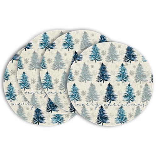 14-Inch Blue Xmas Round Placemats Set of 4 - Winter Dining Table Decor