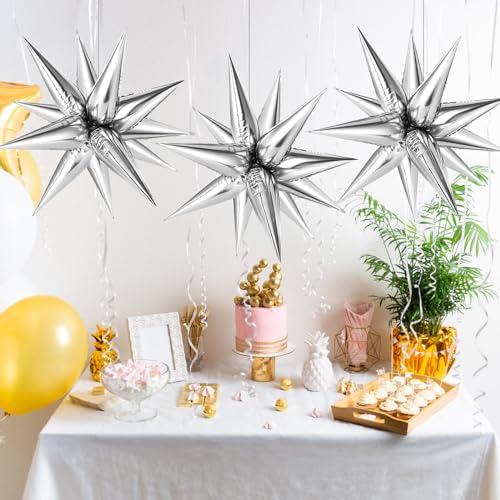 Silver Star Foil Balloons Set - Explosion 12-Point Cone Balloons for Wedding & Party Decor - Variation: Silver Star Cones