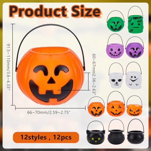 Mini Halloween Candy Holder Set - Pumpkin Ghost Cauldron Buckets in 5 Colors, 12-Pack