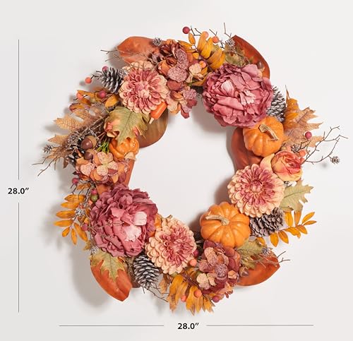 28-Inch Artificial Peony and Pumpkin Fall Wreath with Pine Cones - Rustic Decor