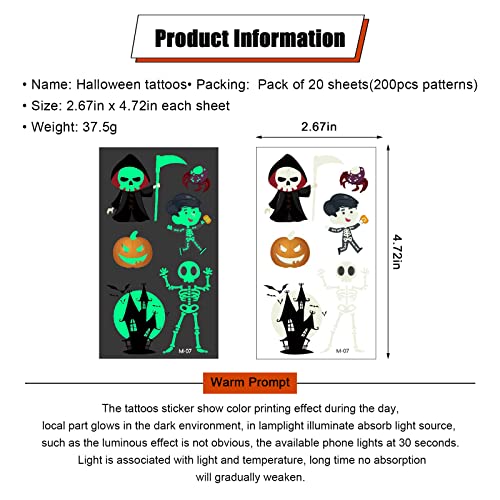 Halloween Temporary Tattoos for Kids Glow in Dark Stickers Assortment