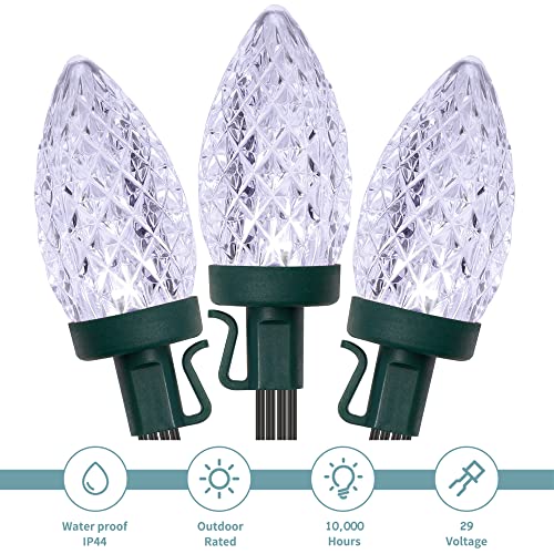 Outdoor White C9 String Lights - 50 LED Fairy Lights for Christmas & Holiday Decor, 33FT Extendable Safe Power Adapter
