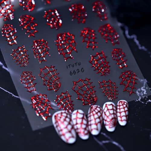 Halloween Red Spider Web Nail Stickers - Holographic 5D Self-Adhesive Decals for Manicure