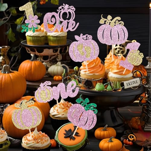 Pink Glitter Pumpkin Cupcake Toppers - 48Pcs Fall & Halloween Party Decorations, First Birthday