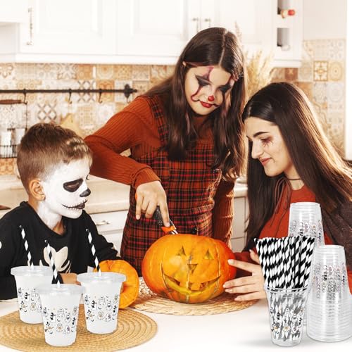 Ghost Reading Halloween Disposable Plastic Cups with Lids & Straws - 50 Pcs