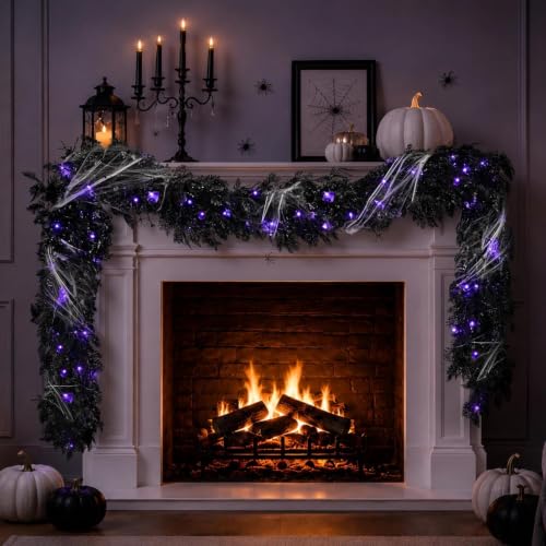 Halloween Garland Decorations - 9FT Pre-lit Black Cedar with Berry & Spider Web - Indoor Outdoor Decor - Variation: Halloween
