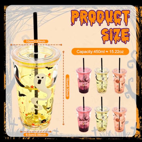 Halloween Party Cups Set 15 oz Double-Wall Plastic Glitter Cups with Lids & Straws