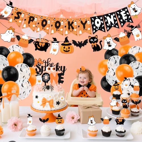 Halloween First Birthday Banner & Ghost Cake Topper Set - Spooky Party Decorations