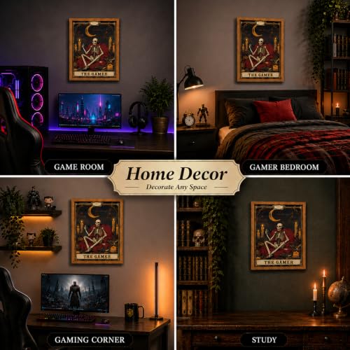 Gamer Tarot Wall Art - Framed Skeleton Gaming Decor, 24x16 inches - Gothic Gaming Room Wall Art - Variation: Gamer Tarot / Framed / 24"L x 16"W